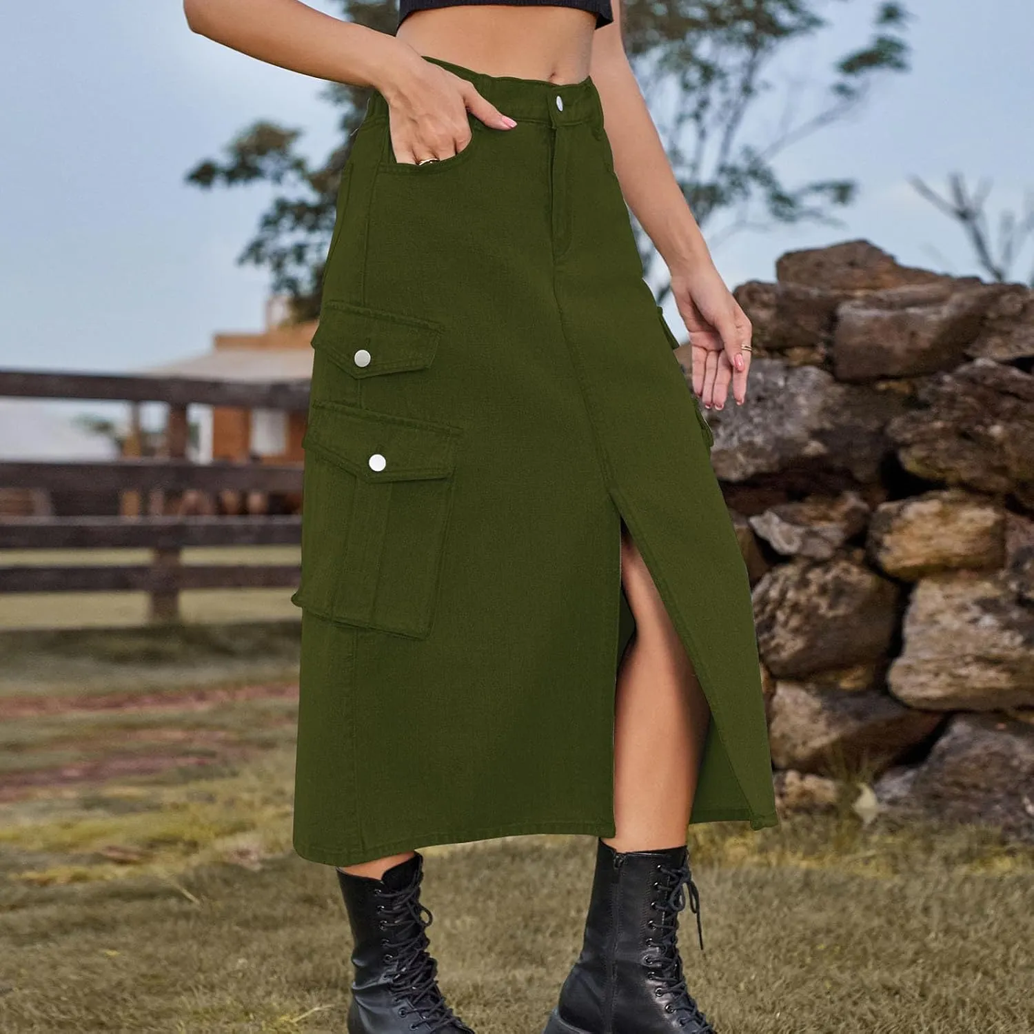 Womens Denim Long Skirts Slit Front Midi Cargo Y2k Casual Jean Skirts High Waisted Denim Jean Skirt with Pockets