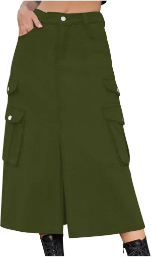 Womens Denim Long Skirts Slit Front Midi Cargo Y2k Casual Jean Skirts High Waisted Denim Jean Skirt with Pockets