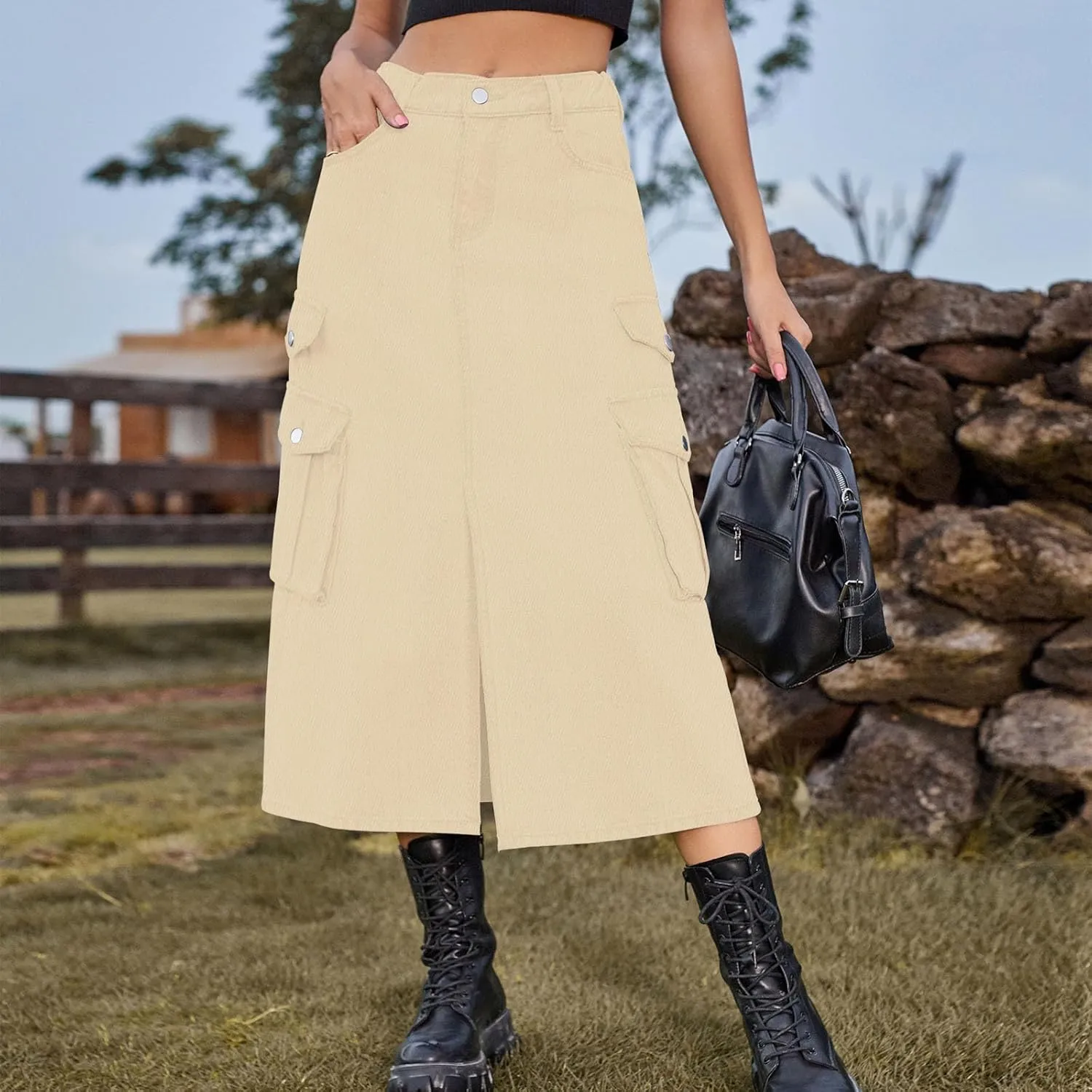 Womens Denim Long Skirts Slit Front Midi Cargo Y2k Casual Jean Skirts High Waisted Denim Jean Skirt with Pockets
