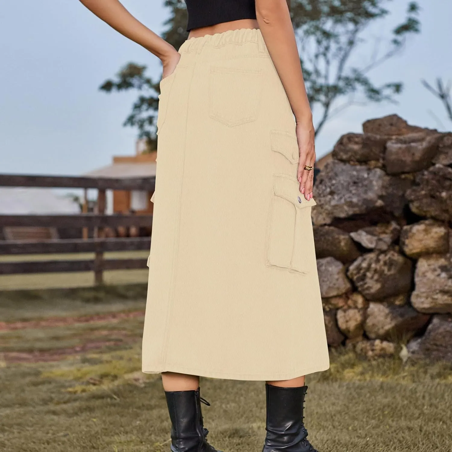 Womens Denim Long Skirts Slit Front Midi Cargo Y2k Casual Jean Skirts High Waisted Denim Jean Skirt with Pockets