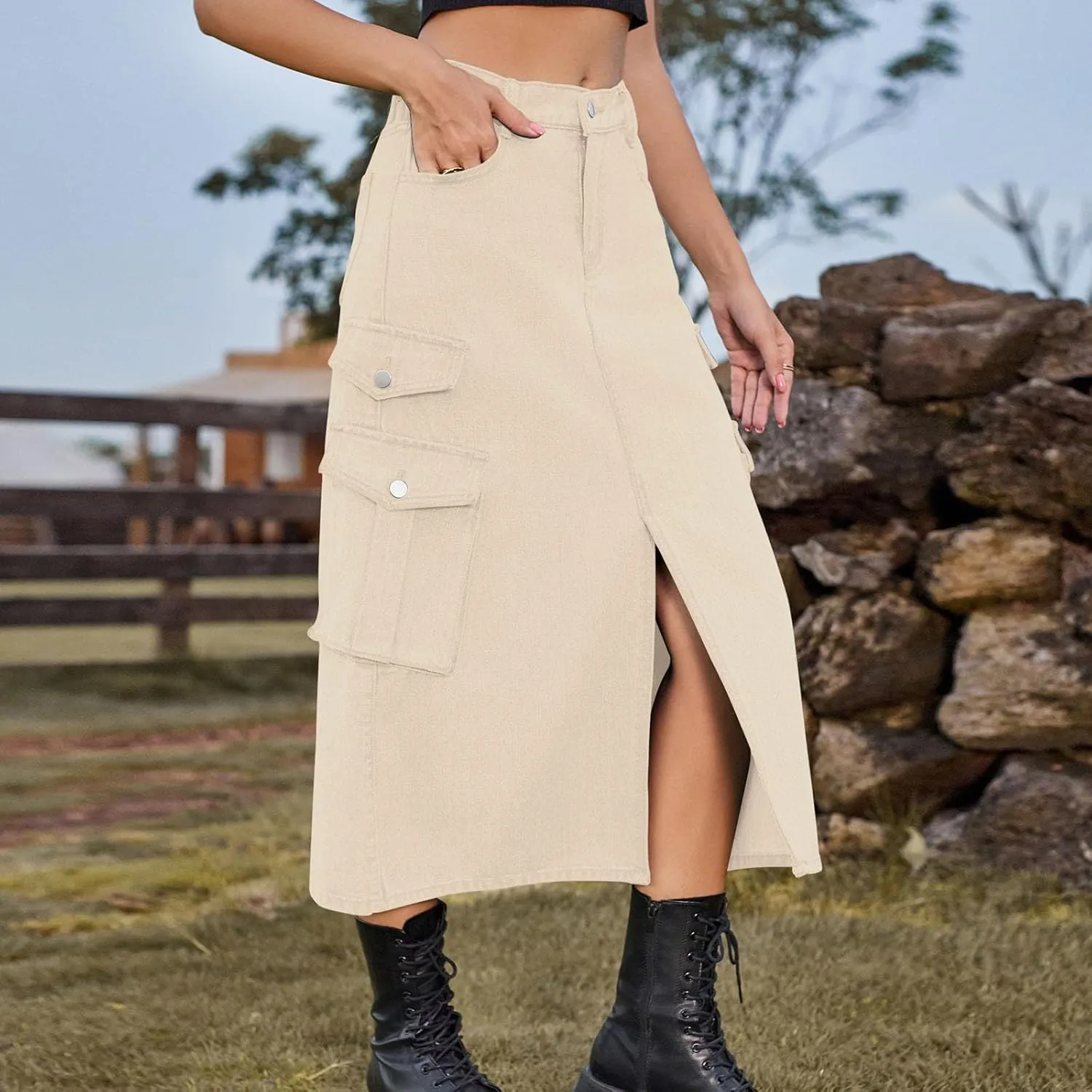 Womens Denim Long Skirts Slit Front Midi Cargo Y2k Casual Jean Skirts High Waisted Denim Jean Skirt with Pockets