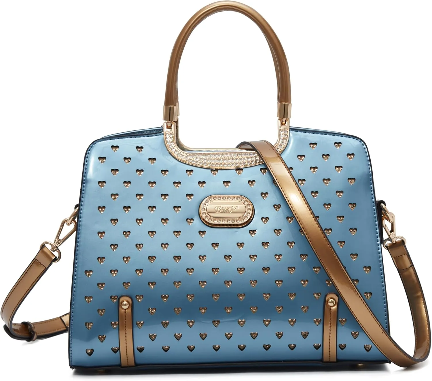 Women's Elegant Handbag  Designer Patent Leather Tote Bag, Heart Studs & Rhinestones, Top Handle with Crossbody Strap