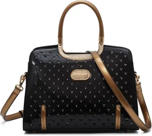 Women's Elegant Handbag  Designer Patent Leather Tote Bag, Heart Studs & Rhinestones, Top Handle with Crossbody Strap