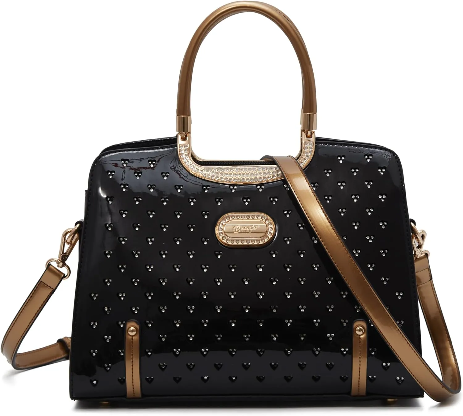 Women's Elegant Handbag  Designer Patent Leather Tote Bag, Heart Studs & Rhinestones, Top Handle with Crossbody Strap