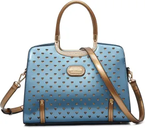 Women's Elegant Handbag  Designer Patent Leather Tote Bag, Heart Studs & Rhinestones, Top Handle with Crossbody Strap