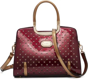 Women's Elegant Handbag  Designer Patent Leather Tote Bag, Heart Studs & Rhinestones, Top Handle with Crossbody Strap
