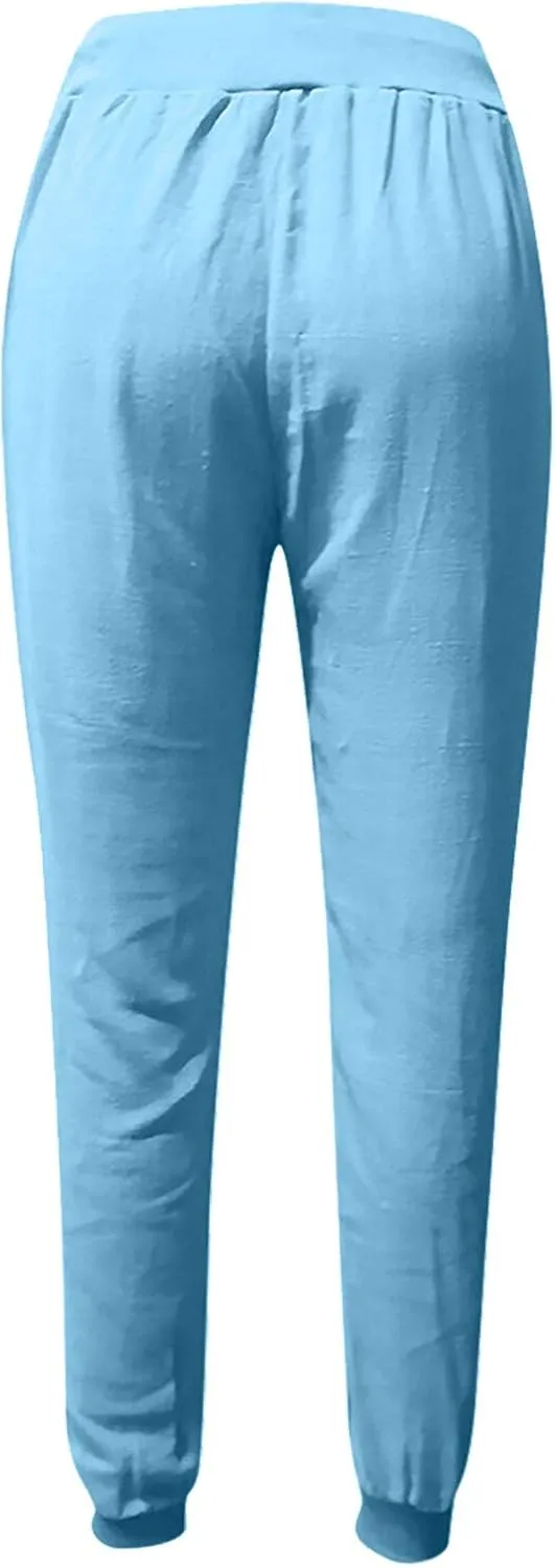 Womens Fashion Linen Pants Casual Straight Summer Drawstring Loose Lightweight Trousers with Pockets