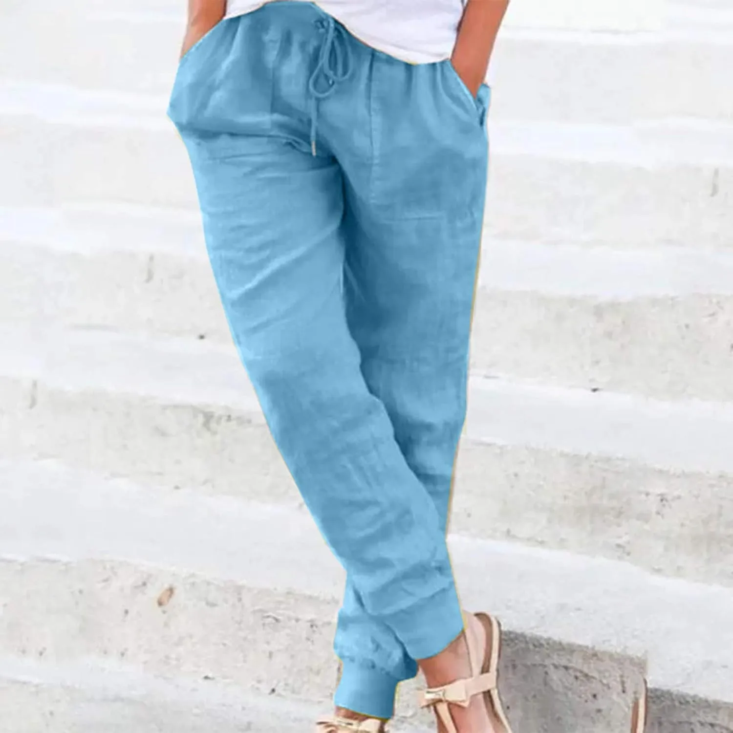 Womens Fashion Linen Pants Casual Straight Summer Drawstring Loose Lightweight Trousers with Pockets