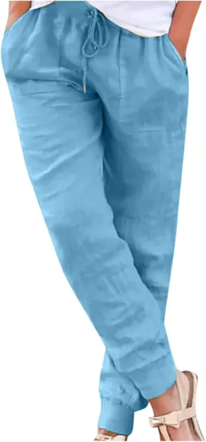 Womens Fashion Linen Pants Casual Straight Summer Drawstring Loose Lightweight Trousers with Pockets