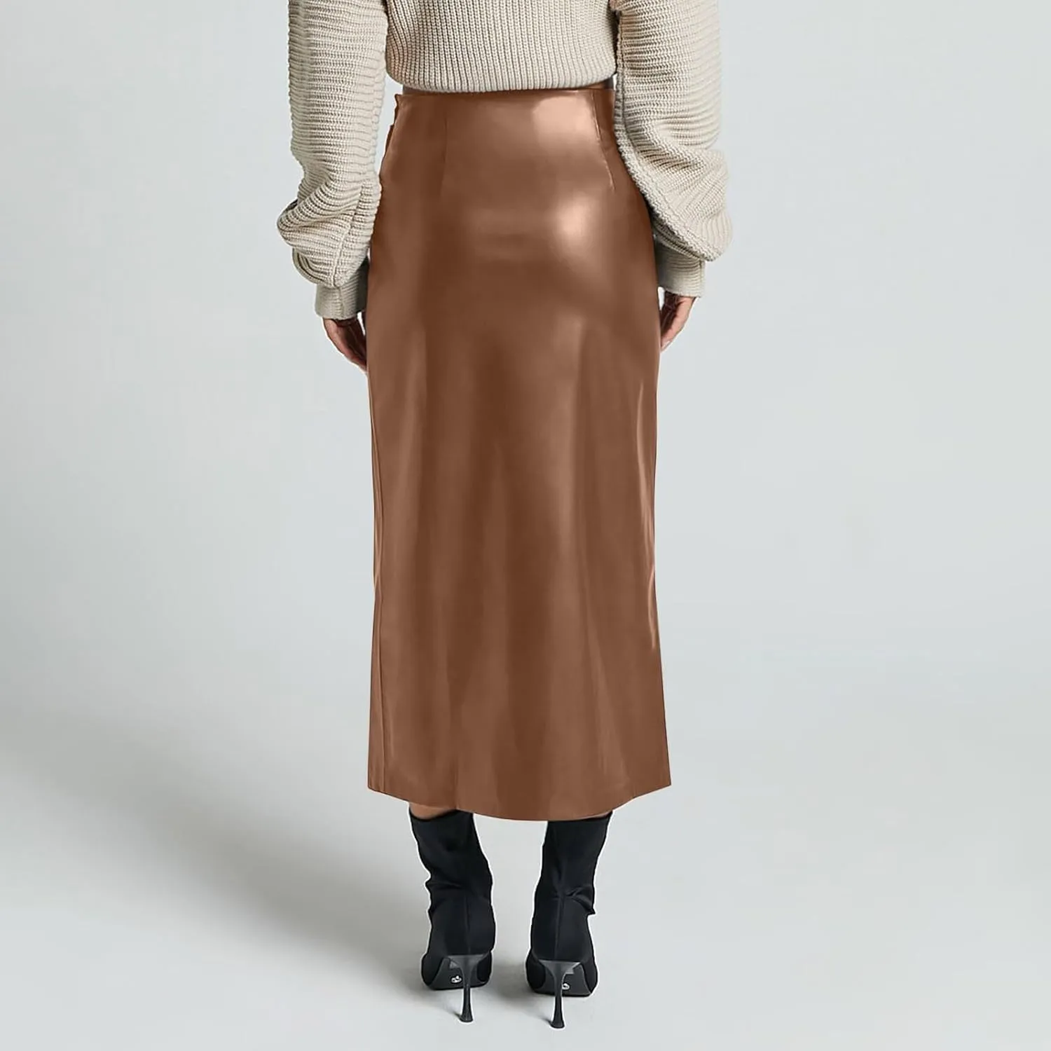 Womens Faux Leather Long Skirts Bodycon High Waist Slim-Fit PU Leather Skirt Sexy Side Slit Pencil Midi Skirts