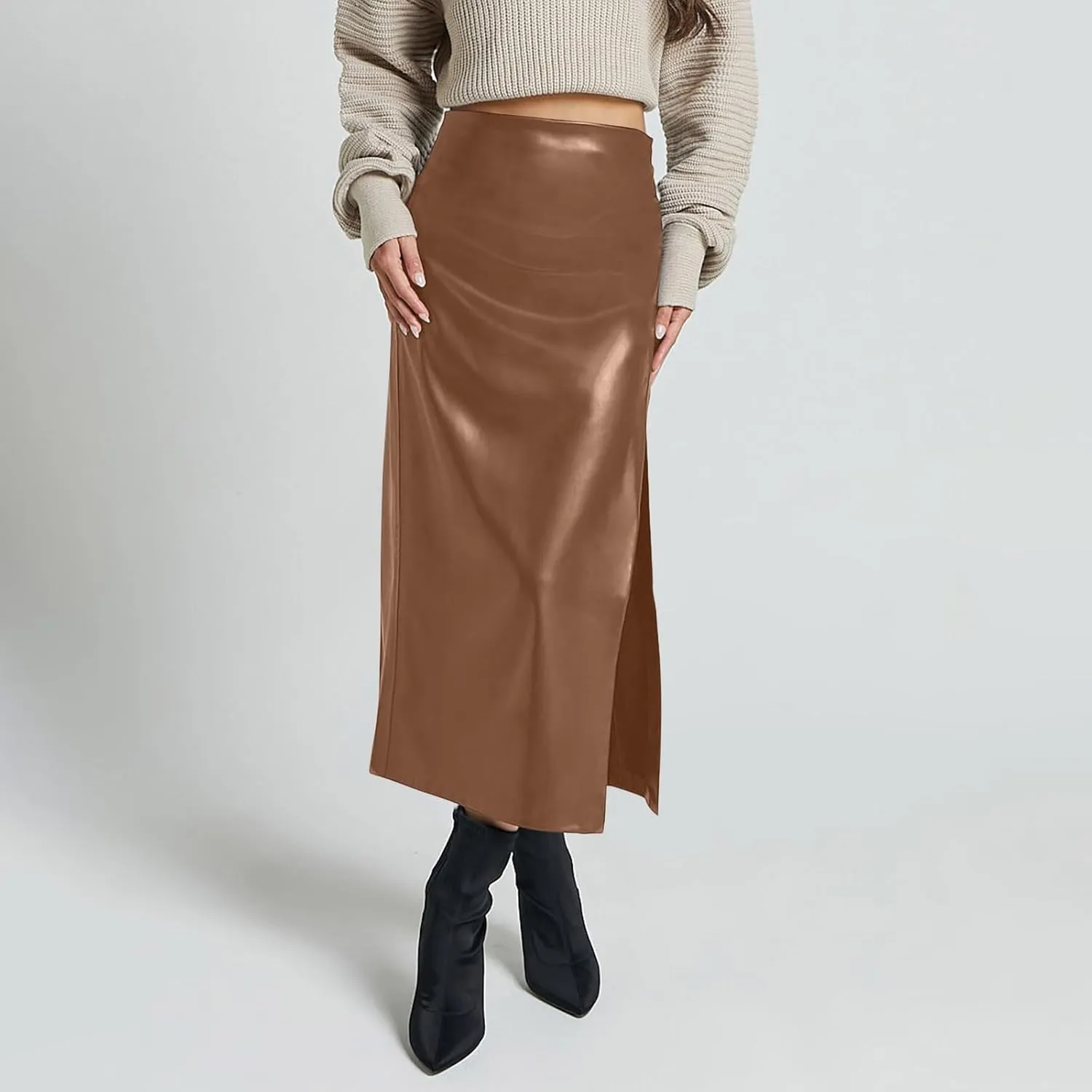 Womens Faux Leather Long Skirts Bodycon High Waist Slim-Fit PU Leather Skirt Sexy Side Slit Pencil Midi Skirts