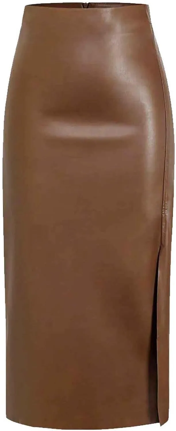 Womens Faux Leather Long Skirts Bodycon High Waist Slim-Fit PU Leather Skirt Sexy Side Slit Pencil Midi Skirts