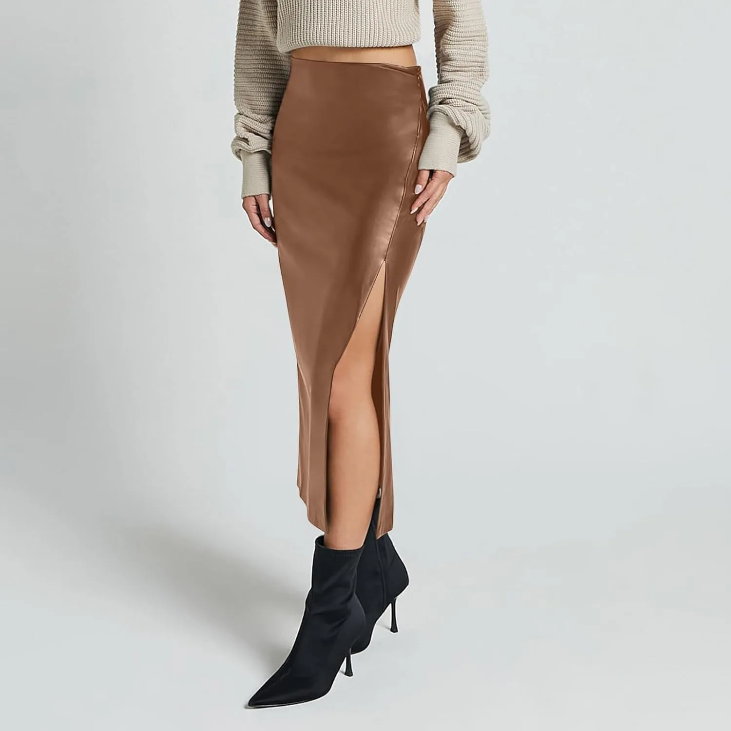 Womens Faux Leather Long Skirts Bodycon High Waist Slim-Fit PU Leather Skirt Sexy Side Slit Pencil Midi Skirts