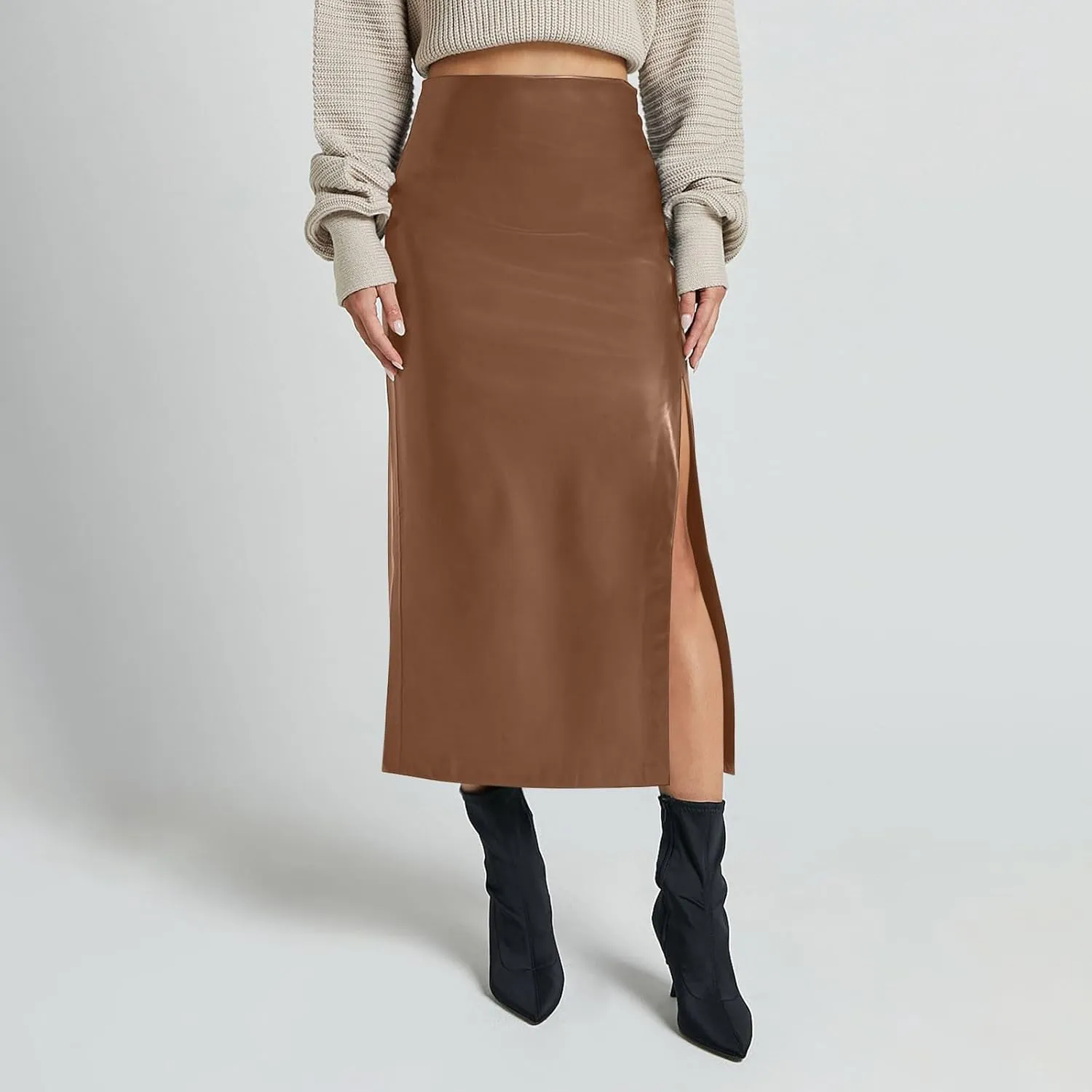 Womens Faux Leather Long Skirts Bodycon High Waist Slim-Fit PU Leather Skirt Sexy Side Slit Pencil Midi Skirts