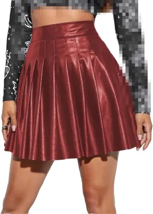 Women's Faux Leather Skirt High Waist A-Line Loose Hem Pleated Skirt for Clubwear Parties