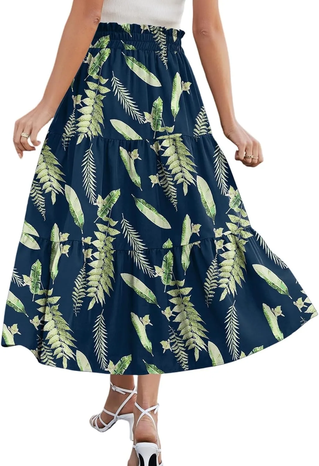 Womens Floral Printed Boho Midi Skirt Elastic High Waisted Pleated Flowy Summer Swing A-Line Skirts with Pockets