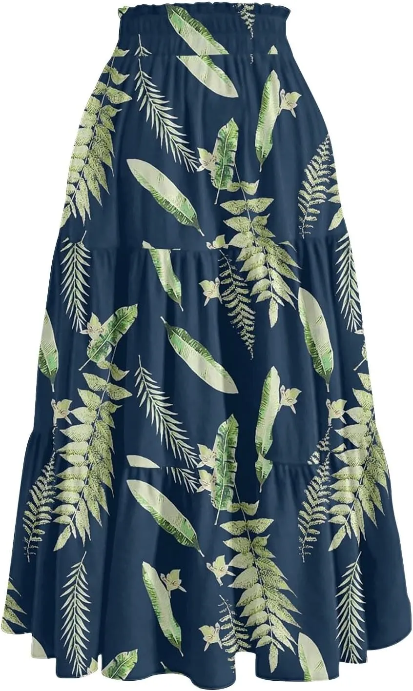 Womens Floral Printed Boho Midi Skirt Elastic High Waisted Pleated Flowy Summer Swing A-Line Skirts with Pockets