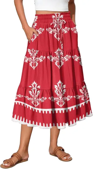 Womens Floral Printed Boho Midi Skirt Elastic High Waisted Pleated Flowy Summer Swing A-Line Skirts with Pockets