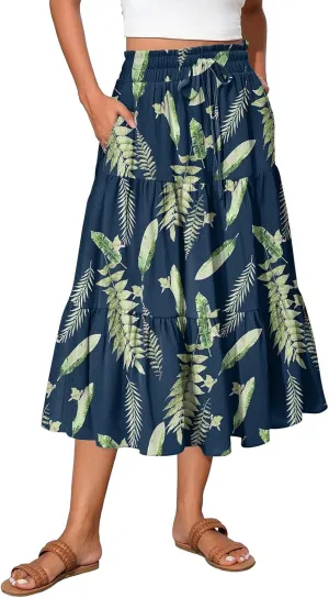 Womens Floral Printed Boho Midi Skirt Elastic High Waisted Pleated Flowy Summer Swing A-Line Skirts with Pockets