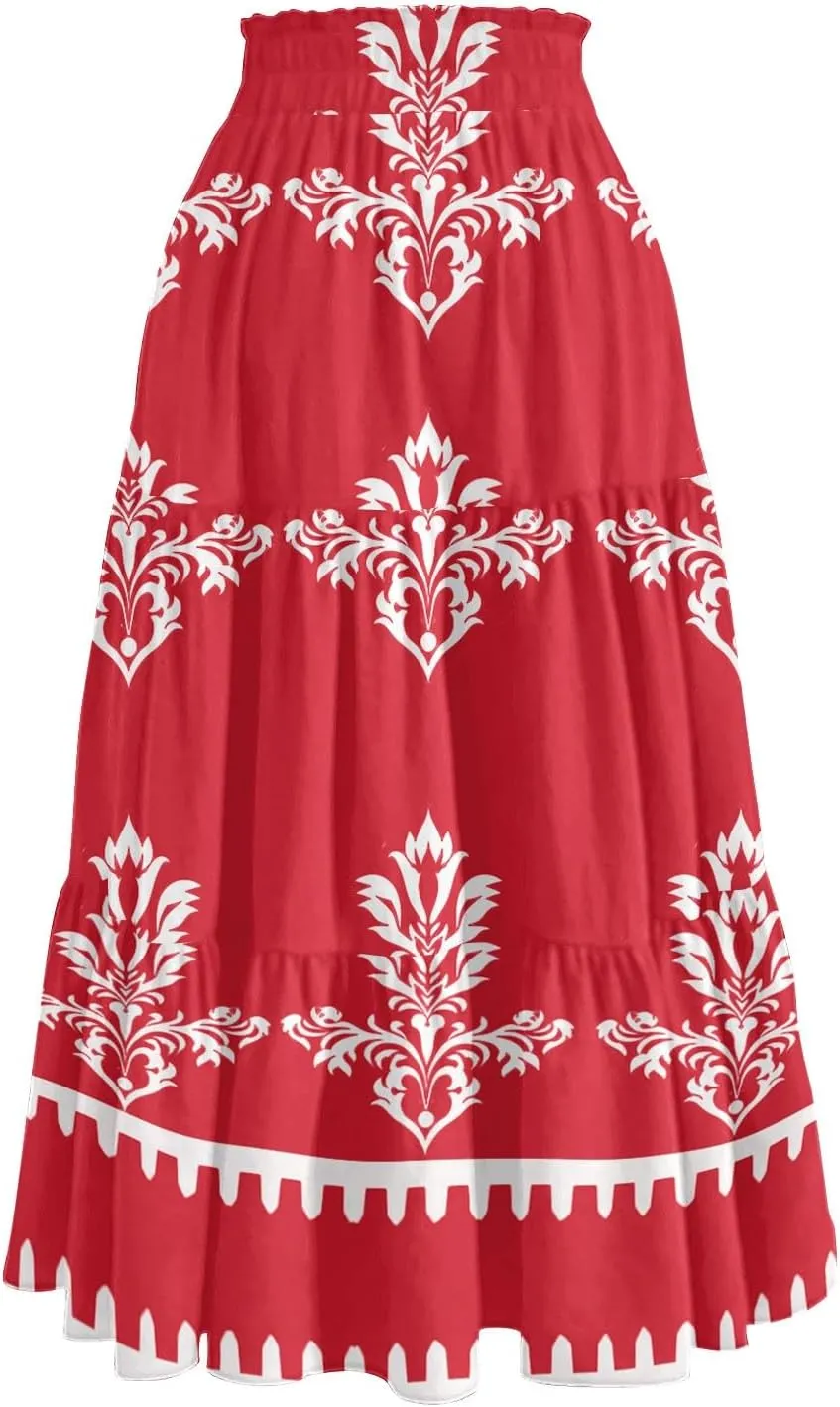 Womens Floral Printed Boho Midi Skirt Elastic High Waisted Pleated Flowy Summer Swing A-Line Skirts with Pockets