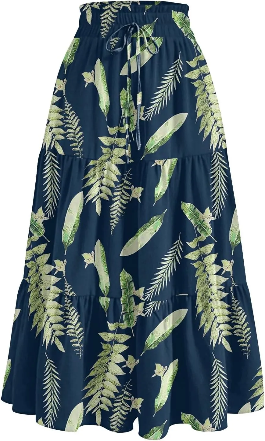 Womens Floral Printed Boho Midi Skirt Elastic High Waisted Pleated Flowy Summer Swing A-Line Skirts with Pockets