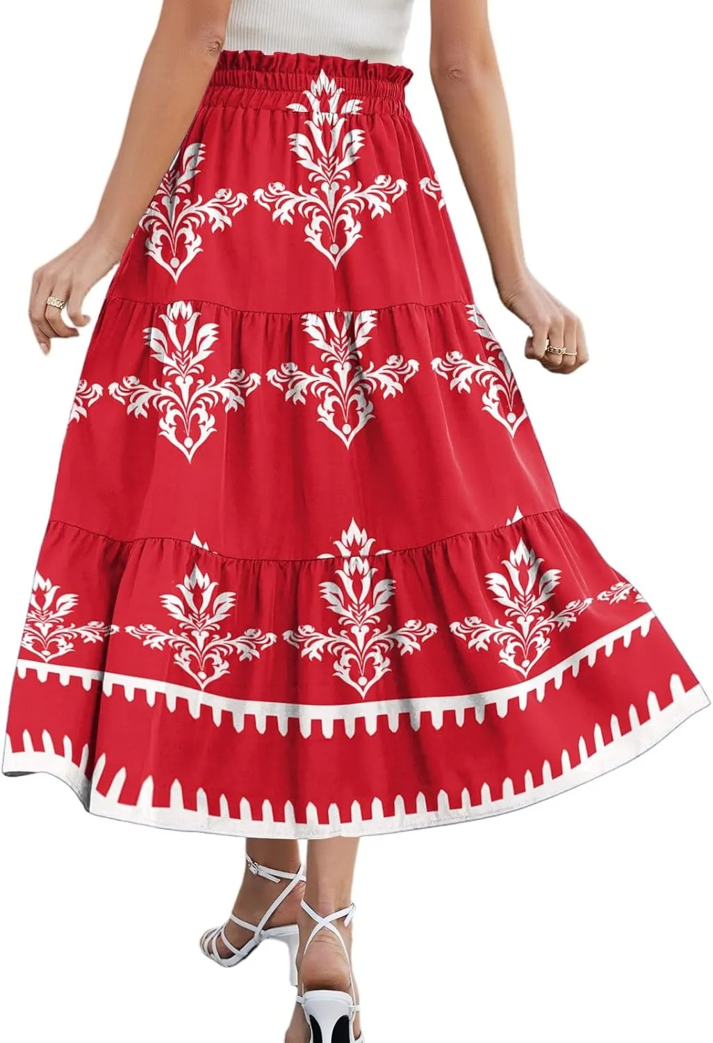 Womens Floral Printed Boho Midi Skirt Elastic High Waisted Pleated Flowy Summer Swing A-Line Skirts with Pockets