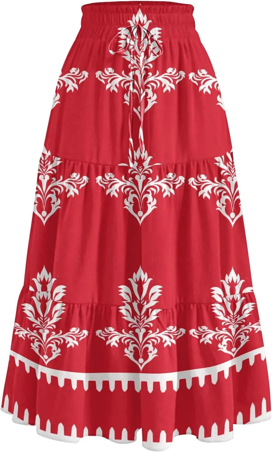Womens Floral Printed Boho Midi Skirt Elastic High Waisted Pleated Flowy Summer Swing A-Line Skirts with Pockets