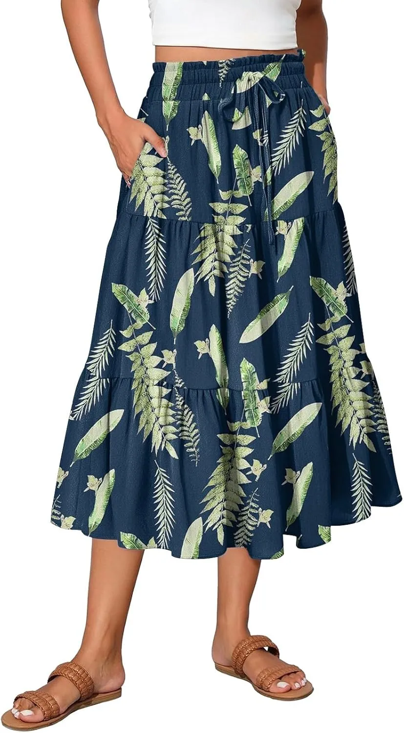 Womens Floral Printed Boho Midi Skirt Elastic High Waisted Pleated Flowy Summer Swing A-Line Skirts with Pockets