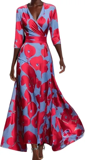 Womens Floral Printed Maxi Dress 2025 Spring Elegant V Neck Belted Long Summer Wedding Prom Cocktail Beach Dresses