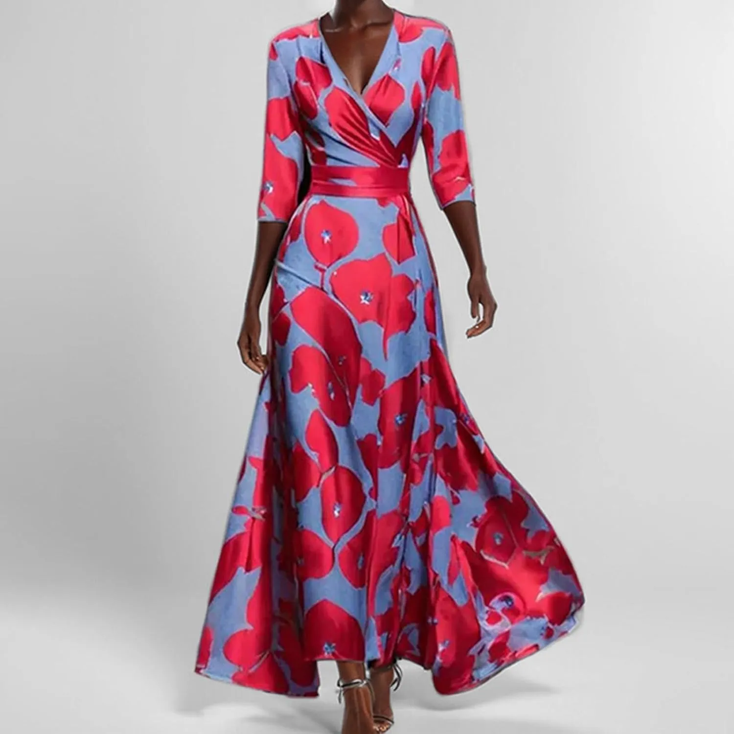 Womens Floral Printed Maxi Dress 2025 Spring Elegant V Neck Belted Long Summer Wedding Prom Cocktail Beach Dresses