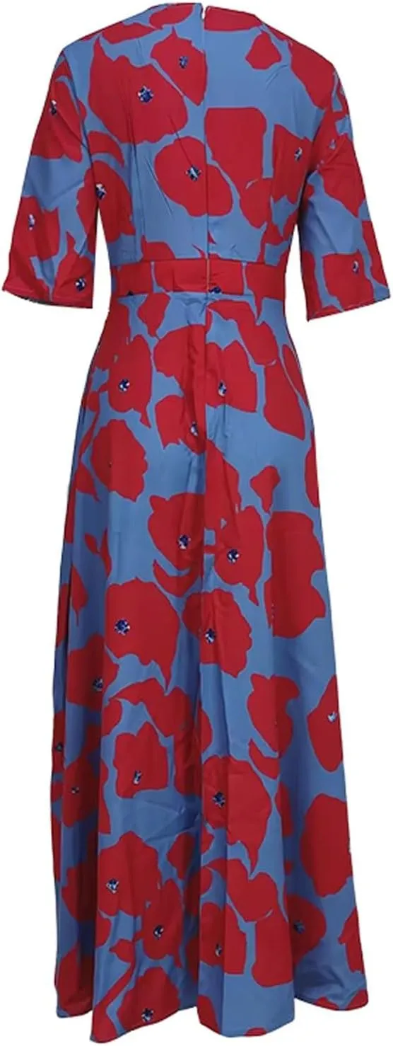 Womens Floral Printed Maxi Dress 2025 Spring Elegant V Neck Belted Long Summer Wedding Prom Cocktail Beach Dresses
