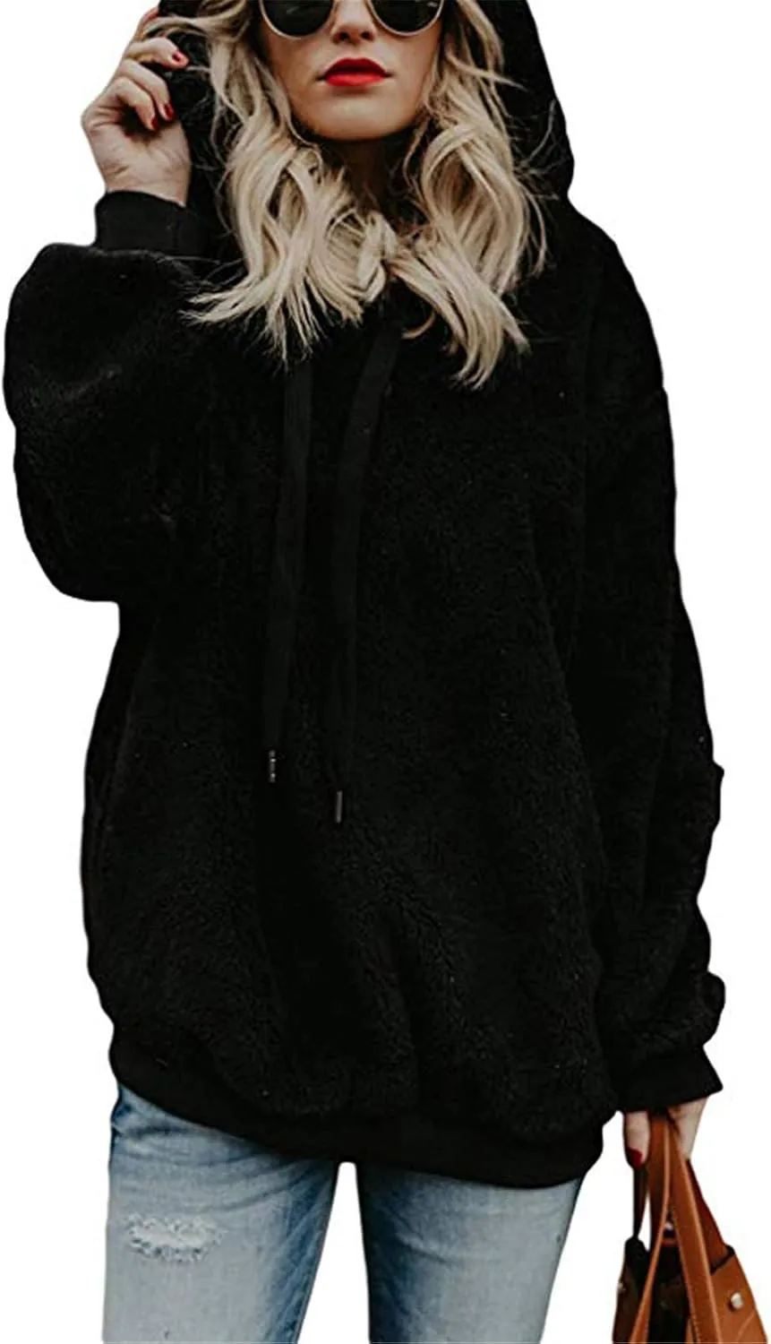 Women's Fuzzy Fleece Sweatshirts with Pockets Oversized Casual Long Sleeve Jackets Pullover Winter Hoodie Outwear (Black, L)