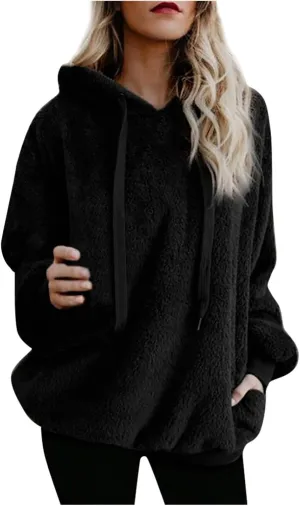 Women's Fuzzy Fleece Sweatshirts with Pockets Oversized Casual Long Sleeve Jackets Pullover Winter Hoodie Outwear (Black, L)