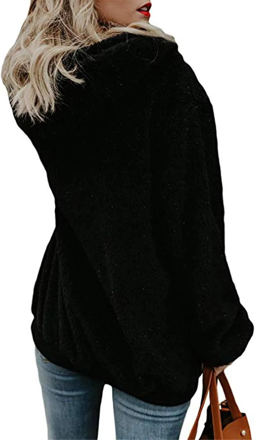 Women's Fuzzy Fleece Sweatshirts with Pockets Oversized Casual Long Sleeve Jackets Pullover Winter Hoodie Outwear (Black, L)