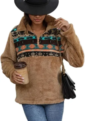 Women's Half Zip Sweatshirt Ethnic Print Casual Long Sleeve Oversized Pullover Sherpa Top Fuzzy Fleece Sweatshirt Hoodie