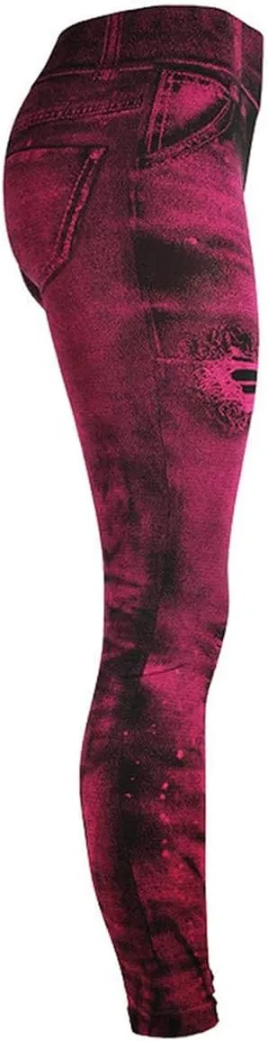 Womens High Waist Seamless Leggings Denim Print Fake Jeans Tights Elastic Slim Fit Gym Yoga Pants