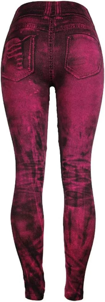 Womens High Waist Seamless Leggings Denim Print Fake Jeans Tights Elastic Slim Fit Gym Yoga Pants