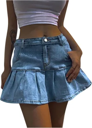 Women's Jean Skirts Button Down Elastic Waist Casual Skirts Casual Elegant Preppy Flare Skirts Denim Skirts