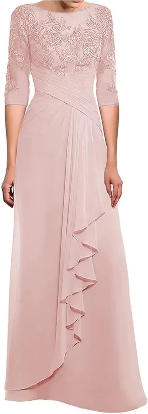 Women's Laces Appliques Mother of The Bride Dresses with Sleeves Long Chiffon Wedding Guest Dresses