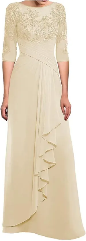 Women's Laces Appliques Mother of The Bride Dresses with Sleeves Long Chiffon Wedding Guest Dresses
