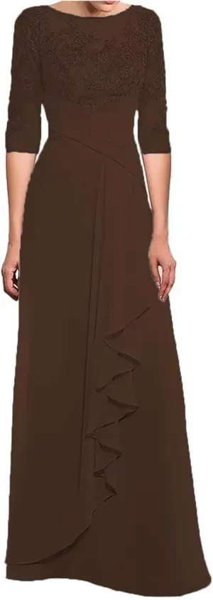 Women's Laces Appliques Mother of The Bride Dresses with Sleeves Long Chiffon Wedding Guest Dresses