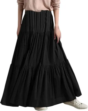 Womens Linen Cotton Maxi Skirt Pleated Elastic High Waist Summer Casual Fashion Elegant Flowy Plus Size Long Skirts