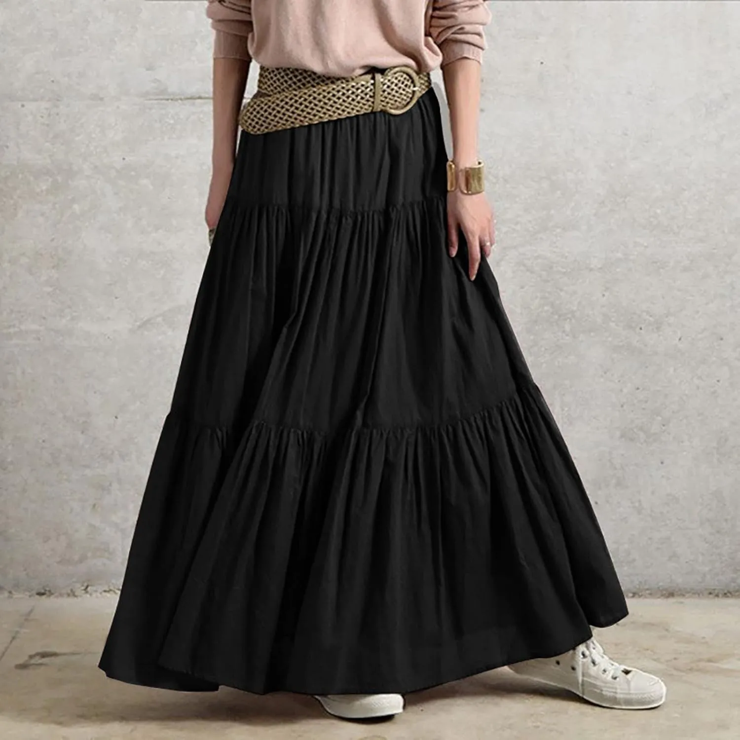 Womens Linen Cotton Maxi Skirt Pleated Elastic High Waist Summer Casual Fashion Elegant Flowy Plus Size Long Skirts