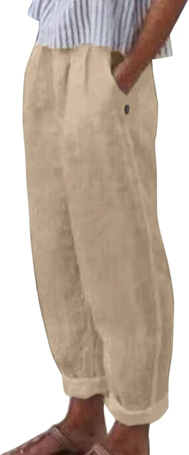 Womens Linen Summer Solid Pant Trousers High Waist Bootcut Loose Fit Pants Business Work