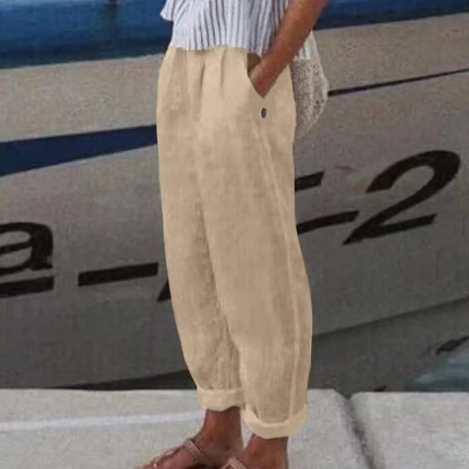 Womens Linen Summer Solid Pant Trousers High Waist Bootcut Loose Fit Pants Business Work