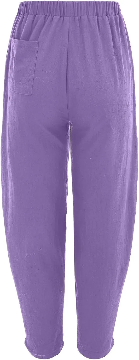 Women's Linen Summer Striped Pants Elastic Waisted Long Lounge Loose Fit Palazzo Lounge Pants Vacation