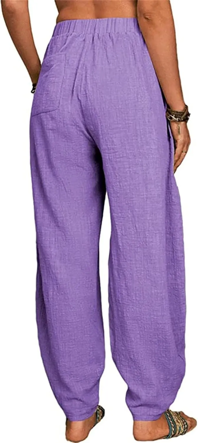 Women's Linen Summer Striped Pants Elastic Waisted Long Lounge Loose Fit Palazzo Lounge Pants Vacation