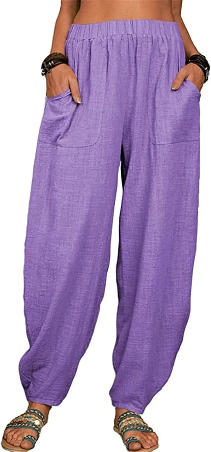 Women's Linen Summer Striped Pants Elastic Waisted Long Lounge Loose Fit Palazzo Lounge Pants Vacation