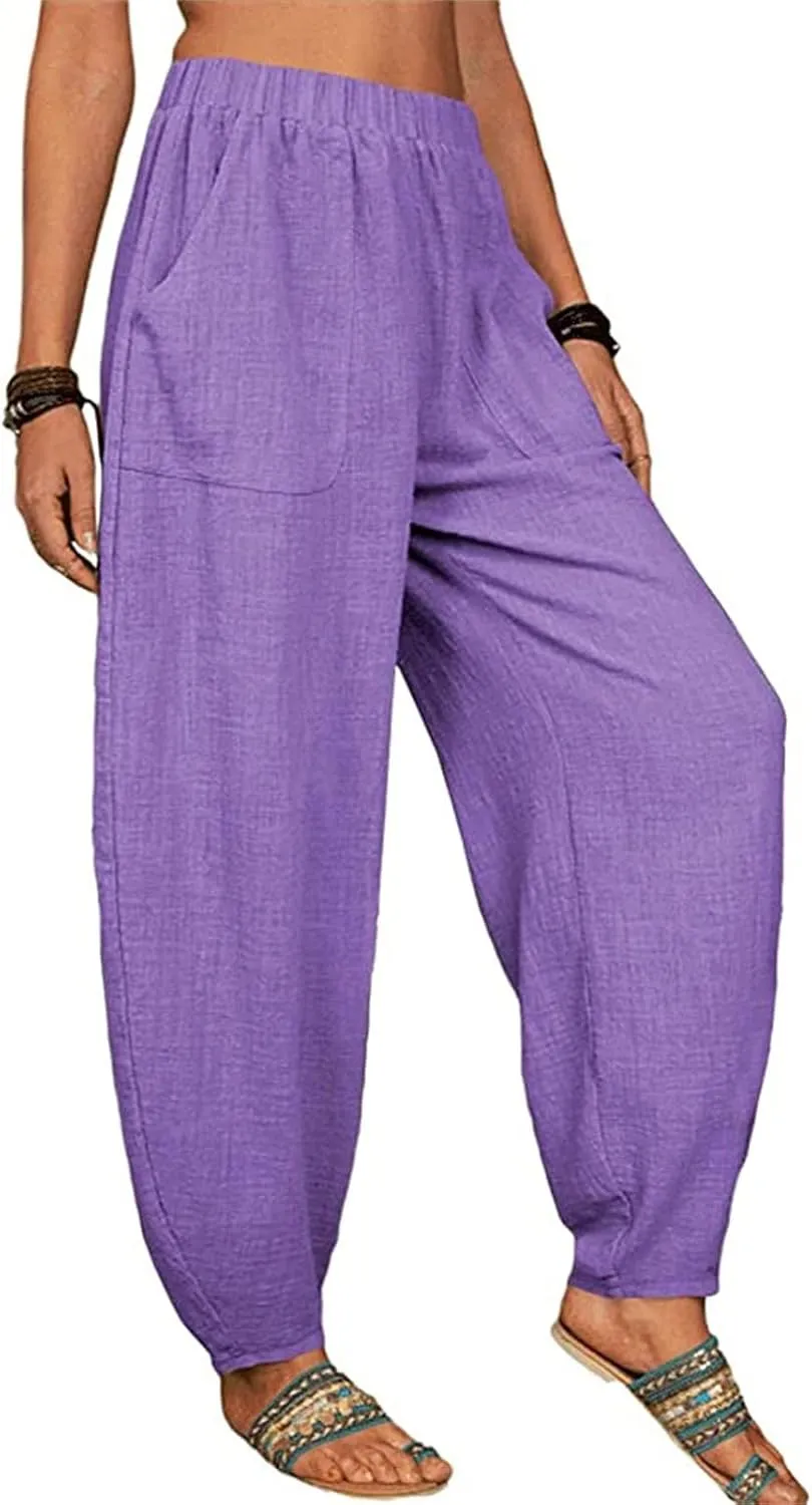 Women's Linen Summer Striped Pants Elastic Waisted Long Lounge Loose Fit Palazzo Lounge Pants Vacation