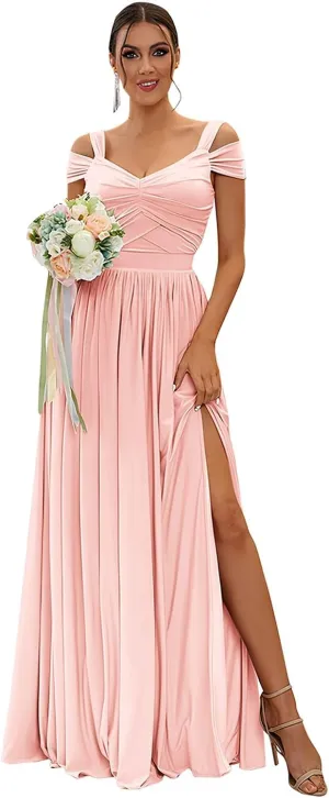 Women's Long Bridesmaid Dresses for Wedding Chiffon Off The Shoulder Formal Evening Gown with Slit R058